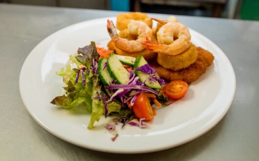 Food Red Throat Emperor toped with prawns and calamari